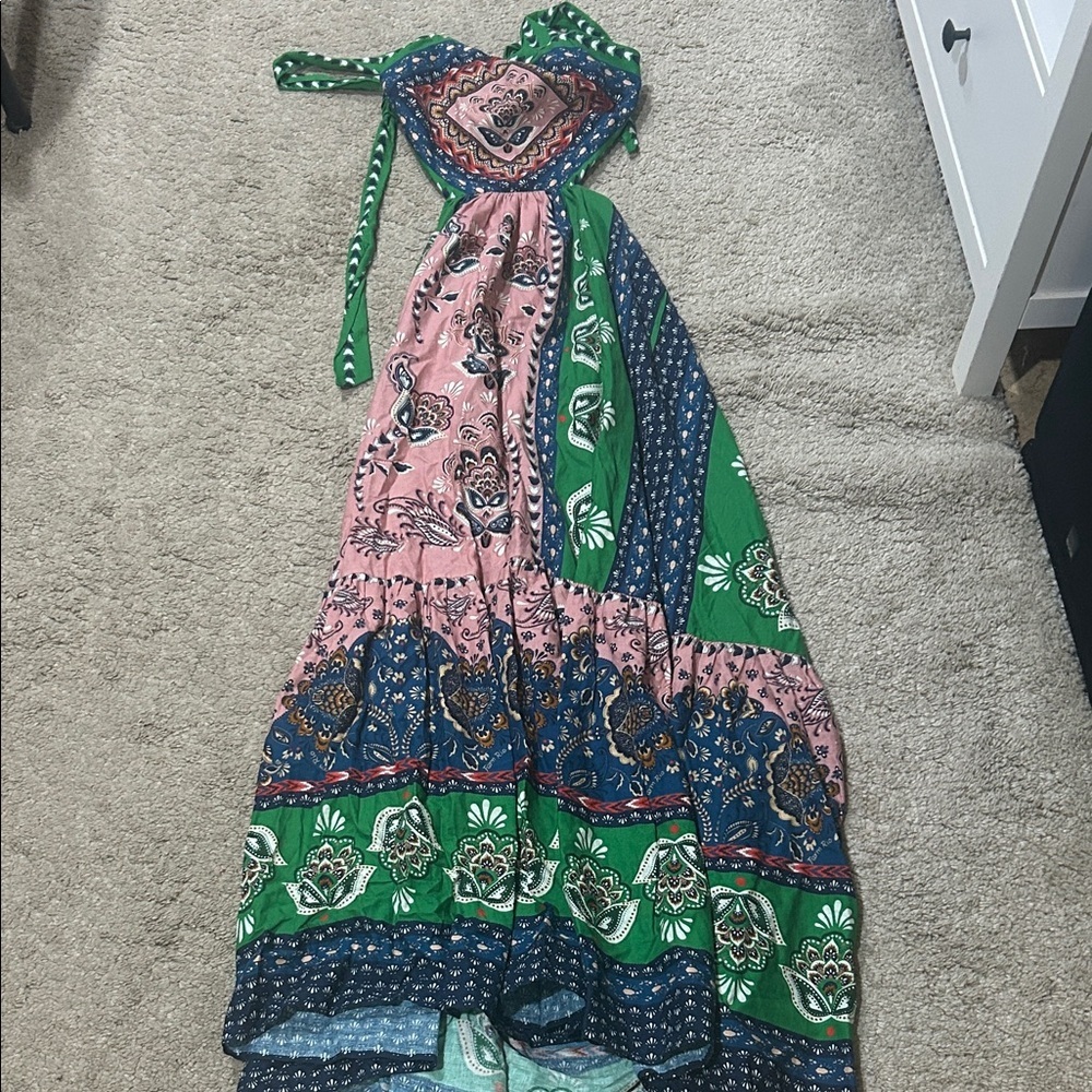 FARM Rio Green Pink Blue Printed Halter Maxi Dress - Picture 3 of 3